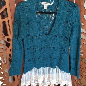 Teal woven sweater with cream lace trim